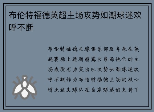 布伦特福德英超主场攻势如潮球迷欢呼不断